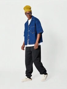 SUMWON 宽版型立领牛仔衬衫 - 藍色 - 查看 4