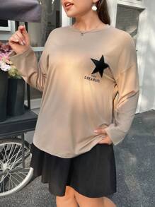 SHEIN EZwear 大碼女性星形貼花刺繡設計t恤 - 卡其色 - 查看 1