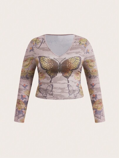 T-shirt Da Donna Con Stampa Di Farfalle Taglie Forti