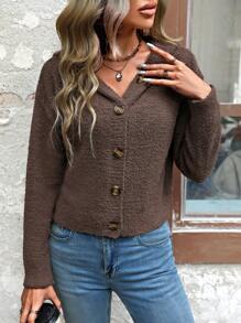 SHEIN LUNE Cárdigan Con Capucha De Hombros Caídos - Café integral - Ver 3