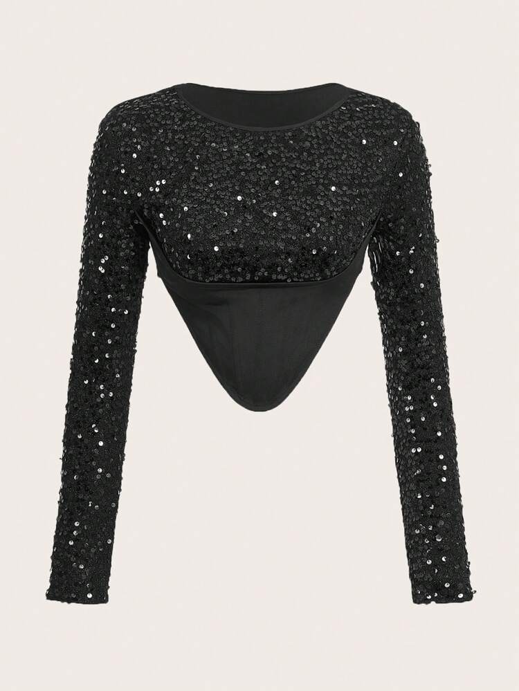 Sequined Cropped Slim Fit T-Shirt