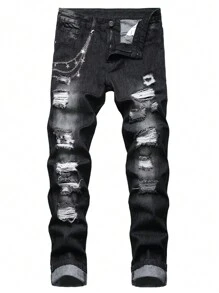 Men's Fashionable Denim Pants With Waist Chain - Black - View 4