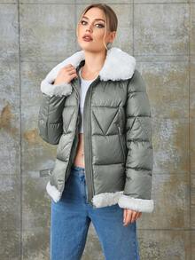 MIEGOFCE Damen Lange Ärmel Reißverschluss Lässig Flauschige Patchwork Winter Jacke - Hellgrau - Übersicht 4