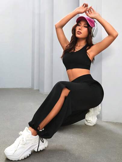 Gameset SHEIN Sport 純色側開衩繫帶運動褲