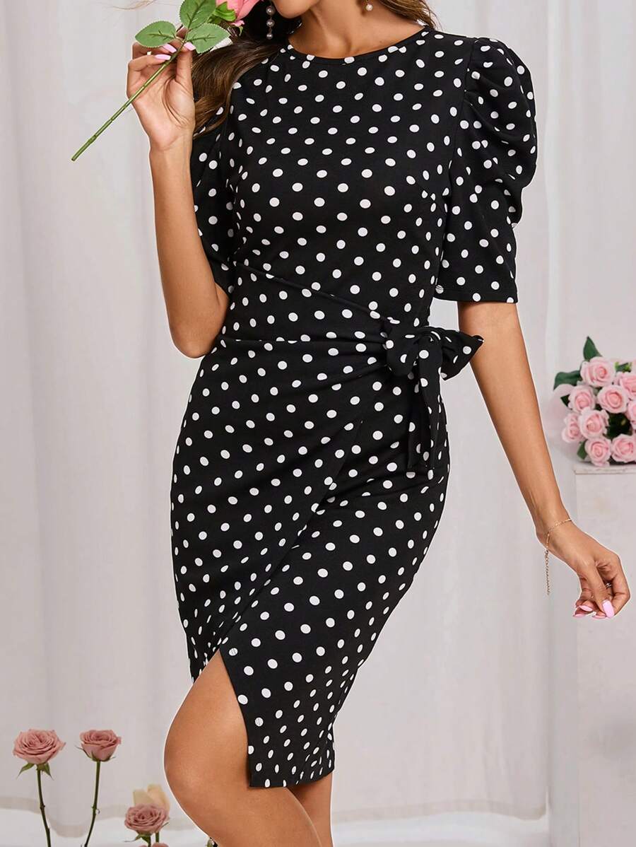 SHEIN Clasi 女士波點印花打結側邊包裝式裙子 - 黑與白 - 查看 1