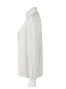 SHEIN Unity Của phụ nữ Lá sen tỉa Đứng cổ áo Tay áo dài Áo sơ mi - trắng - Xem 4