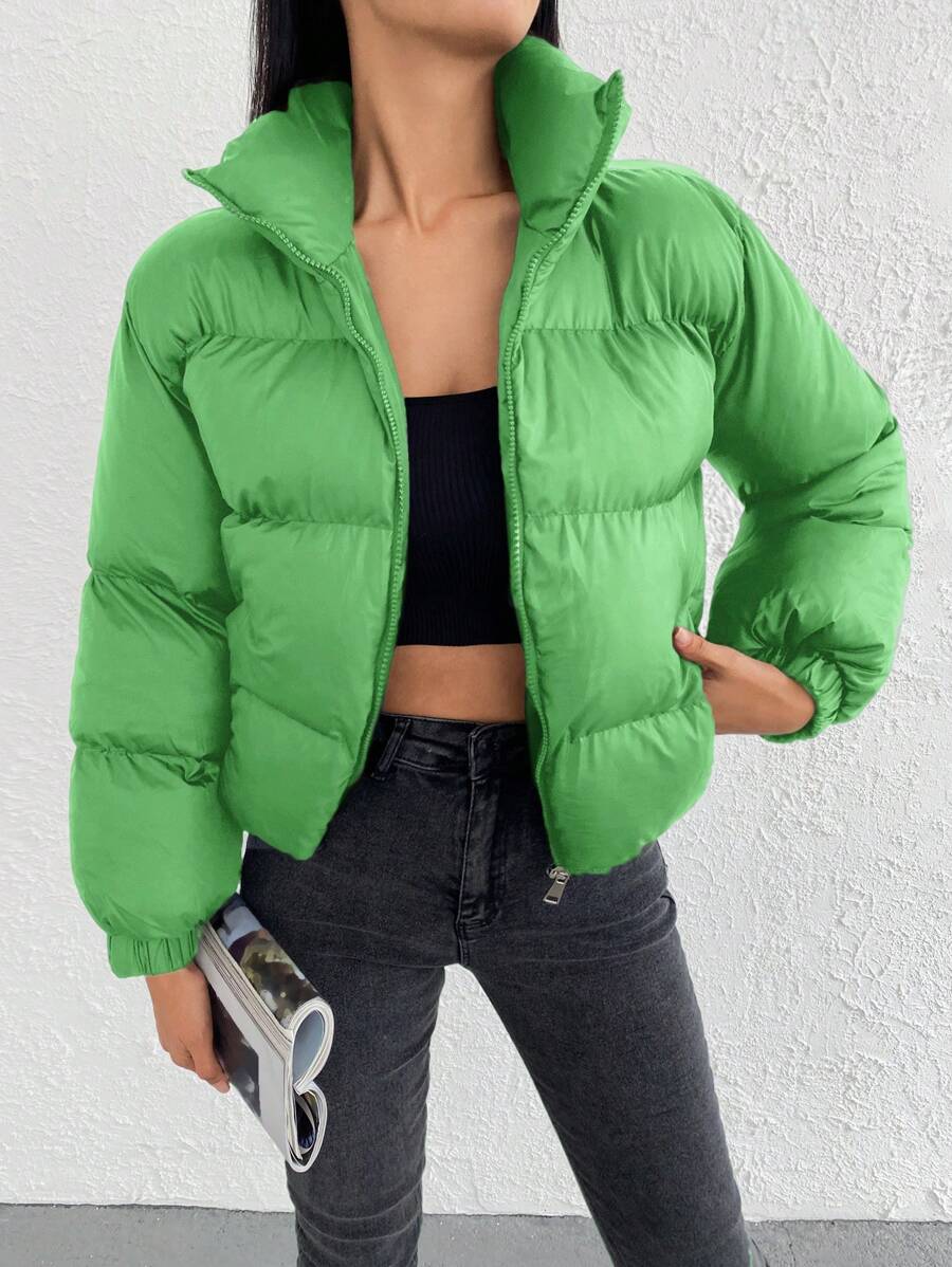 Zip Up Drop Shoulder Puffer Coat - Green - View 1