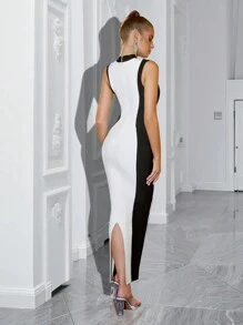 Của phụ nữ Không tay Khối màu Cao đến đùi Khe Băng bó Đầm Party - trắng - Xem 2