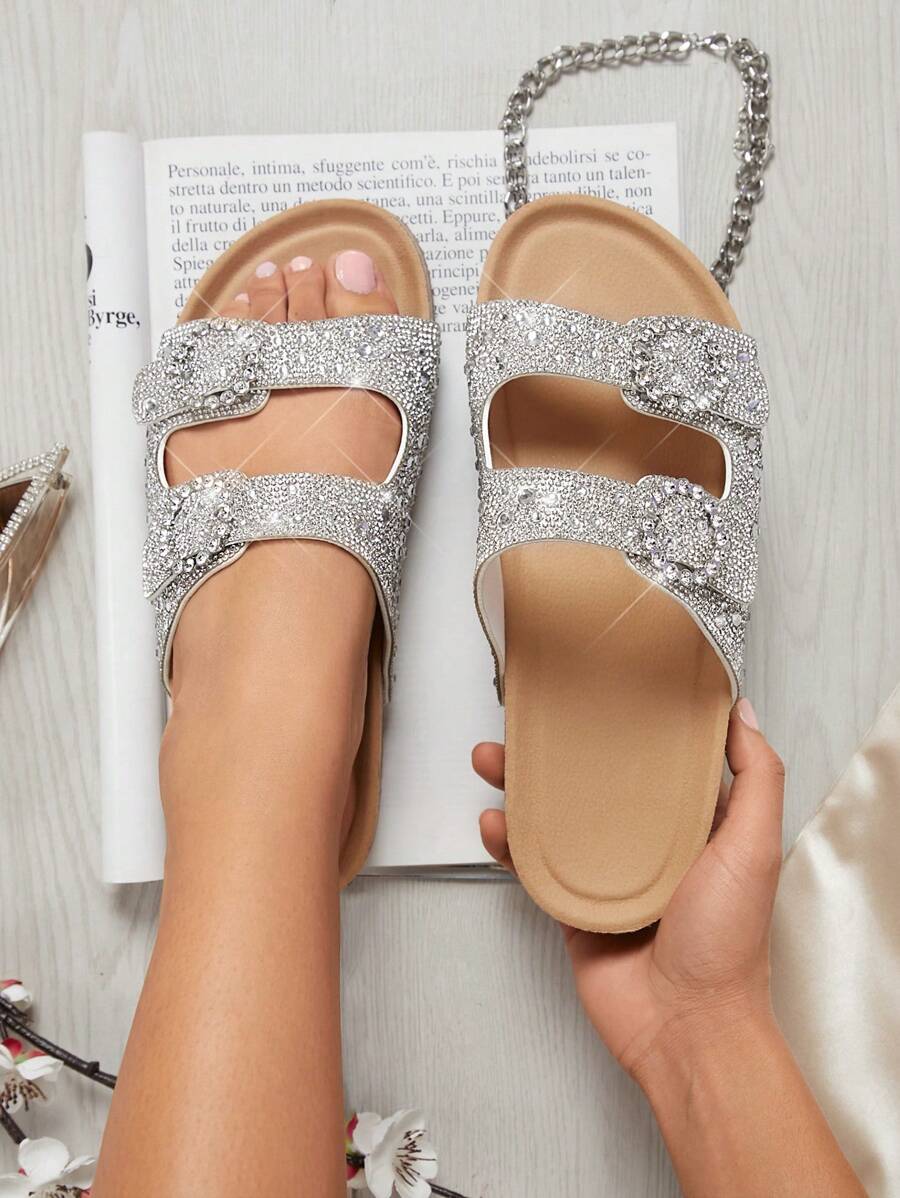 SHUZIA Giày sandal Arizona bằng gỗ bần đính đá sang trọng màu bạc bán chạy nhất dành cho nữ - Đế giày thoải mái, quyến rũ, đa năng - Bạc - Xem 1