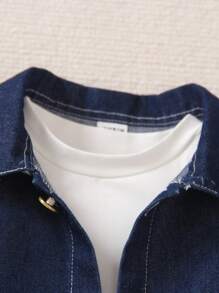 SHEIN 男童牛仔背心,純色短袖t恤和運動長褲套裝 - 藍色 - 查看 5