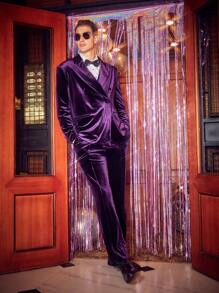 Business Casual Conjunto De Traje Holgado De Terciopelo Para Hombre Con Solapa De Pico, Cierre De Doble Botón Y Pantalón - Morado - Ver 2