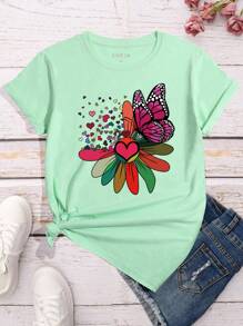 SHEIN Essnce 蝴蝶花卉印花短袖t卹 - 青檸色 - 查看 1