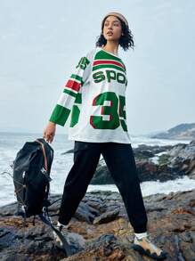 In My Nature 寬鬆女士休閒圓領字母條紋長袖t卹