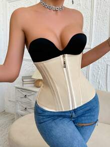 1pc Zipper & Hooks Closure Front Waist Trainer - Beige - View 4