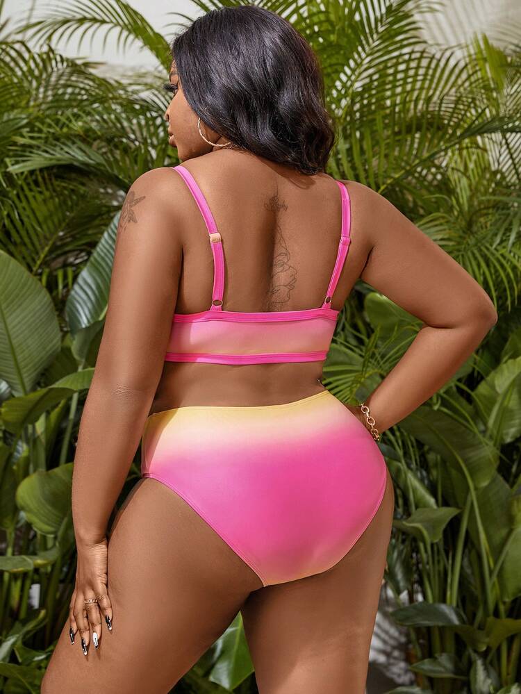 Plus Size Women's Gradient U-Shaped Buckle Swimwear Set Summer