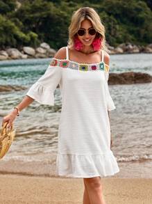 SHEIN VCAY Váy mùa hè có vai và tay loe dành cho nữ trong kỳ nghỉ đi biển - trắng - Xem 3