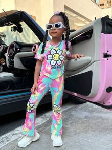 SHEIN Explorewe 年轻女孩扎染卡通印花短袖 T 恤和喇叭裤两件套 - 彩色 - 查看 4