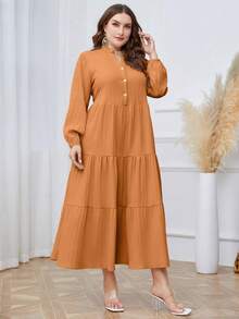 Mulvari Women's Plus Size Button Half Placket Ruffle Hem Dress - Burnt Orange - View 5