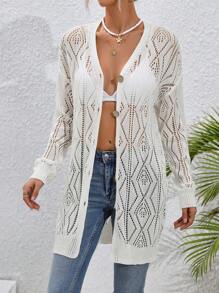 SHEIN VCAY 女款鏤空針織紐扣開襟衫 - 白色 - 查看 6