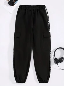 SHEIN Calças Folgadas De Tecido Casual Resort Para Meninos Adolescentes Com Patch De Letras E Bolsos De Patch Tridimensionais.