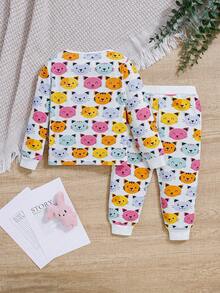 SHEIN Baby Girl Cute Cartoon Cat Pattern Snug Fit Home Clothes Set - White - View 2