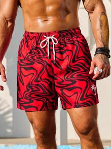 Manfinity Swimmode Men'S Abstract Fluid Print Drawstring Beach Shorts,Hawaiian - Multicolor - View 5
