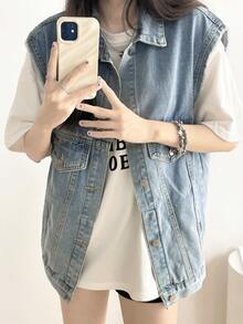 Áo vest denim cài nút phía trước thoải mái, không kèm áo lót - Rửa trung bình - Xem 5
