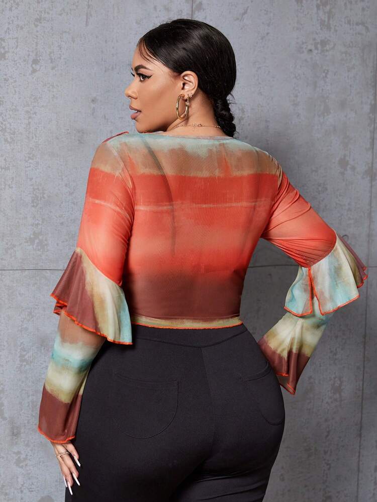 Plus Size Women'S Tie Dye Ruffle Cropped Top