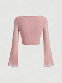 SHEIN MOD Knotted Front Bell Sleeve T-Shirt - Baby Pink - View 2
