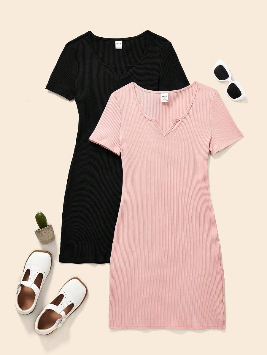 SHEIN 少女针织纯色休闲短袖连衣裙两件套 - 淺粉色 - 查看 1