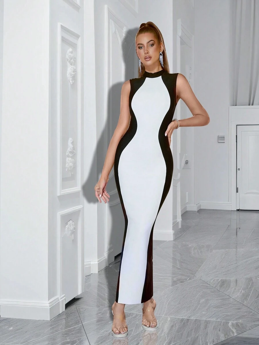 Của phụ nữ Không tay Khối màu Cao đến đùi Khe Băng bó Đầm Party - trắng - Xem 1