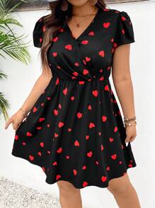 SHEIN Frenchy Plus Size Women's Boho A Line Wrap Style Love Print Short Sleeve Dress, For Summer