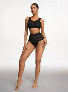 SHAPORA Women's Black High Waisted Tummy Control Briefs With Contrast Mesh, Medium Stretch Knitted Fabric Shapewear Shorts - Black - View 7