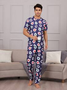 Traje Para El Hogar Con Pantalones De Manga Corta Y Cuello Redondo Con Estampado De Estrellas De Cinco Puntas Para Hombre - Multicolor - Ver 4