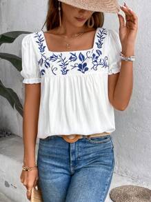 Breezaya 女士植物刺绣方领衬衫荷叶边上衣 - 白色 - 查看 3