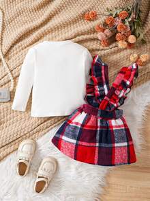 嬰兒女童格紋背帶裙，搭配圓點長袖上衣，適用於秋冬 - 彩色 - 查看 2