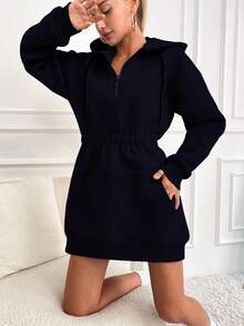 SHEIN Cottnline Kangaroo Pocket Fleece Lined Zip-Up Half Placket Hoodie Dress - Navy Blue - View 3