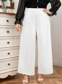 SHEIN Privé 女裝大尺碼優雅簡約白色寬腿褲,完美適用於婚禮季節 - 白色 - 查看 5
