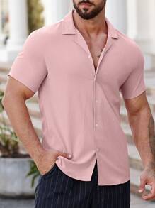男士粉紅色短袖休閒襯衫 - 粉色 - 查看 4
