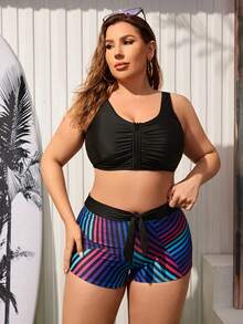 SHEIN Swim Curve Plus Size Striped Swimwear Shorts With Knotted Waist - Multicolor - View 4