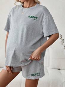SHEIN 孕婦字母刺繡下垂肩t恤和可調腰圍短褲套裝