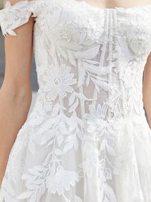 Off Shoulder Appliques Mesh Wedding Dress - Beige - View 4