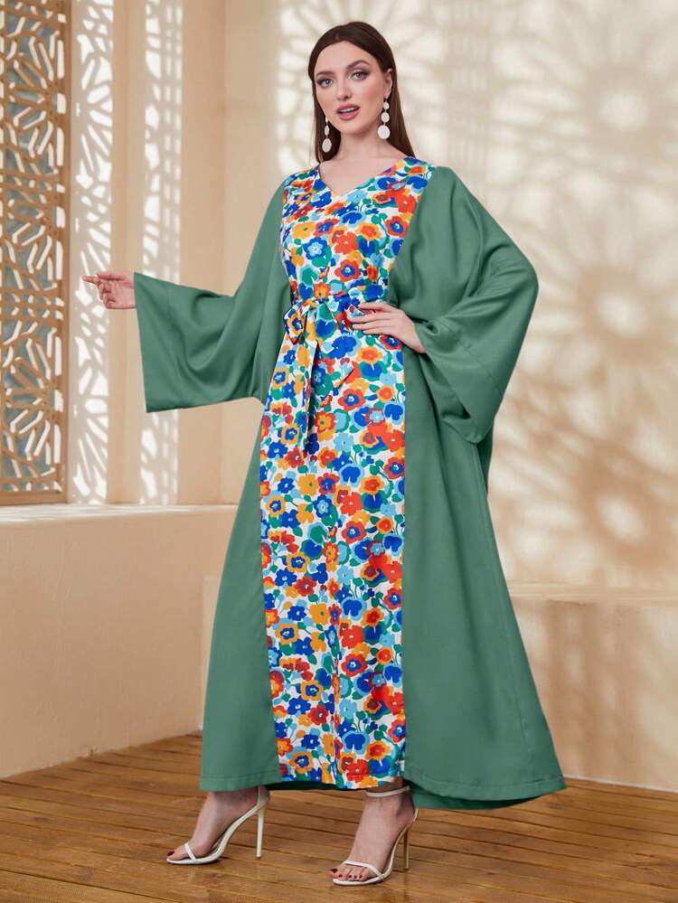 Women's Floral Print Patchwork Arabian Dress Kaftan Jalabiya Dress