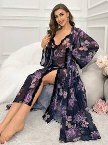 Conjunto de pijama con bata de malla con estampado de flores y vestido camisero con abertura alta - Azul Marino - Ver 1