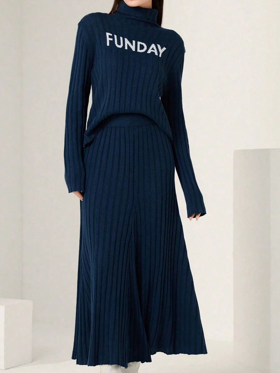 Seusyu 女士高領毛衣兩件套,印有字母圖案 - 水鴨藍 - 查看 1