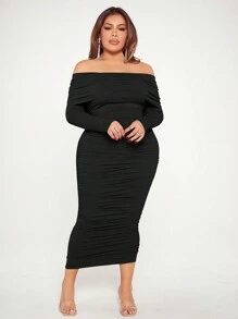 SHEIN SXY 加膚高彈露肩褶皺修身連身裙 - 黑色 - 查看 5