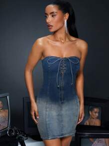 SHEIN BAE Ladies' Gradual Change Cross Straps Denim Bodycon Dress With Strapless Design For Party - Blue - View 4