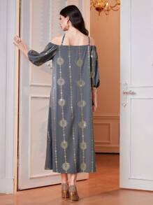 Al Najma 燈籠袖交叉掛脖連身裙 - 灰色 - 查看 2