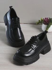 黑色厚底增高小皮鞋女2024春秋新款百搭復古粗跟繫帶瑪莉珍鞋 - 黑色 - 查看 1