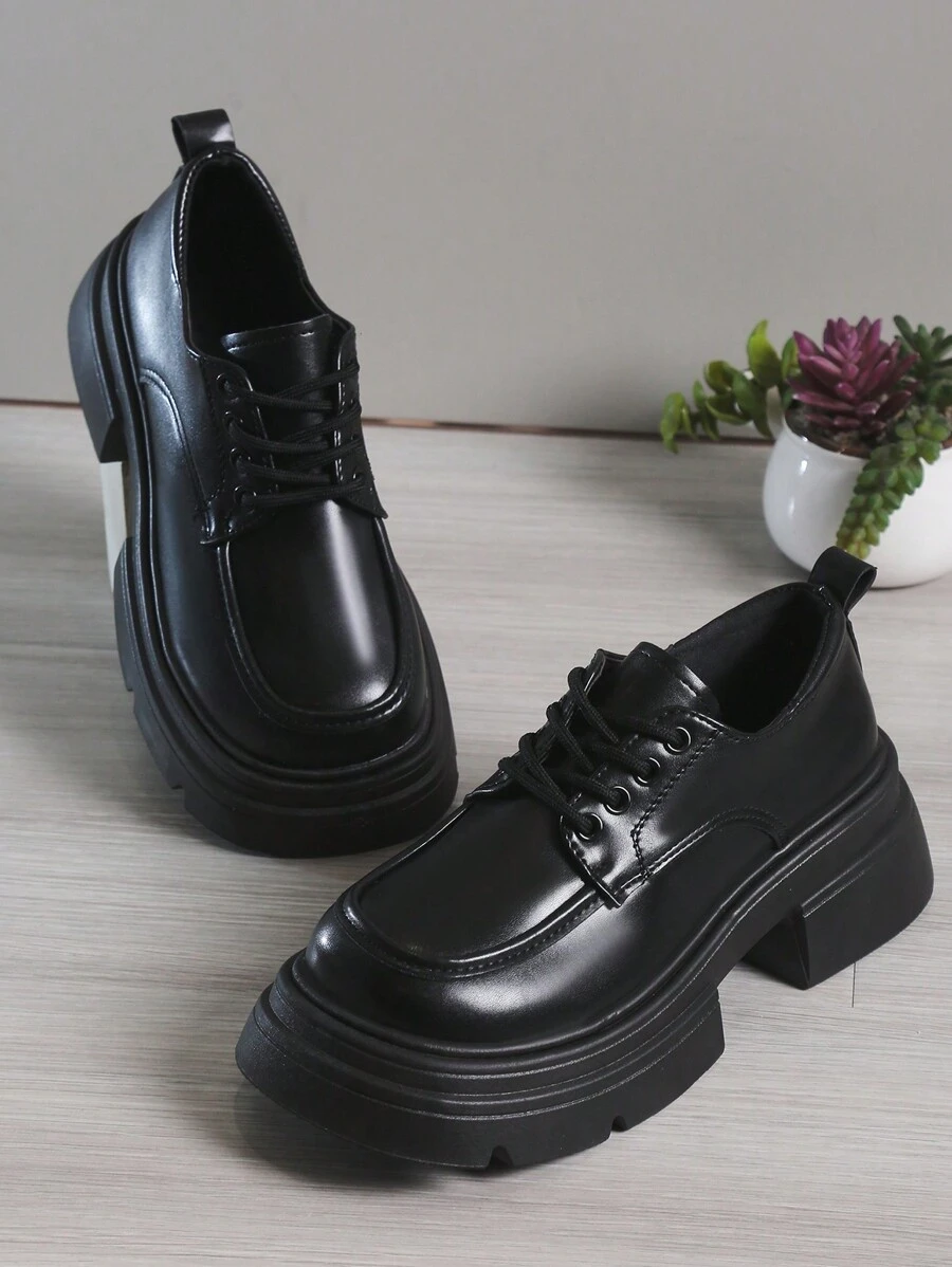 黑色厚底增高小皮鞋女2024春秋新款百搭復古粗跟繫帶瑪莉珍鞋 - 黑色 - 查看 1